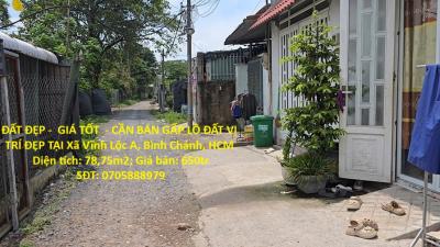 ĐẤT ĐẸP -  GIÁ TỐT  - CẦN BÁN GẤP LÔ ĐẤT VỊ TRÍ ĐẸP TẠI Xã Vĩnh Lộc A, Bình Chánh, HCM