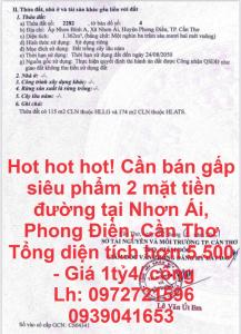 Hot hot hot! Cần bán gấp siêu phẩm 2 mặt tiền đường tại Nhơn Ái, Phong Điền, Cần Thơ